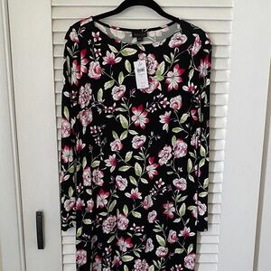 J. Jill Black Long-Sleeve Floral Midi Dress with Pink and Green Flowers